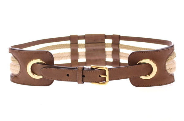 Brown Leather Logo Straw Belt