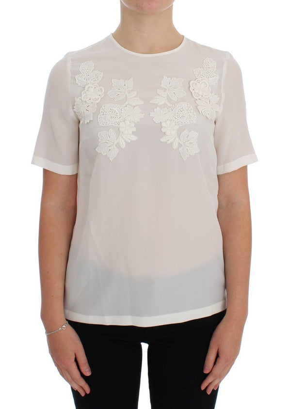 White Silk Floral Lace Blouse Top