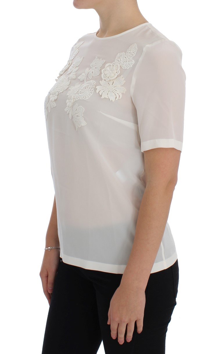 White Silk Floral Lace Blouse Top