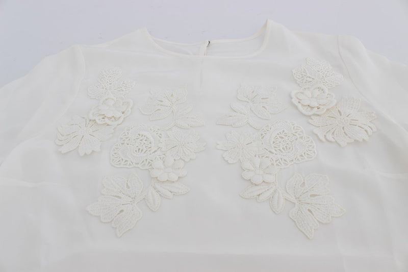 White Silk Floral Lace Blouse Top