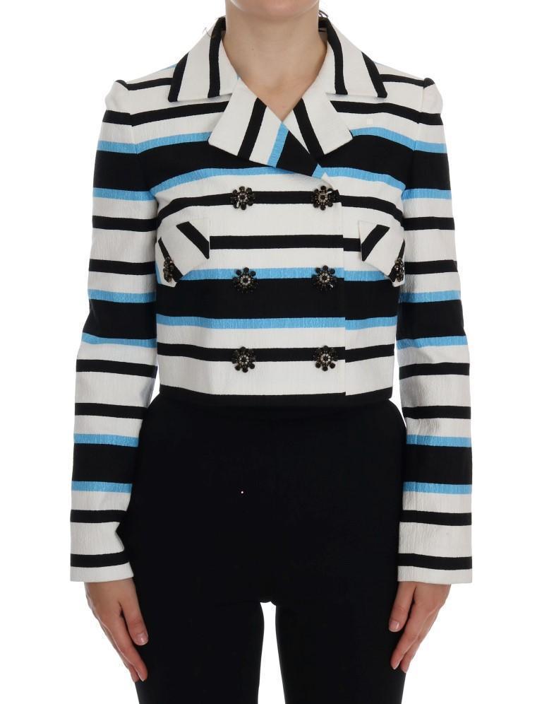 White Blue Black Striped Cotton Crystal Jacket