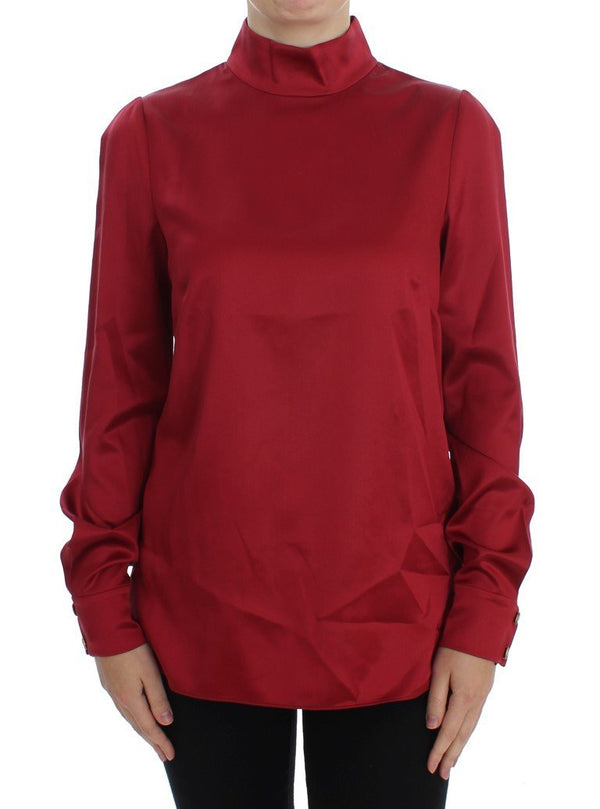 Red Silk Stretch Blouse Turtleneck Top
