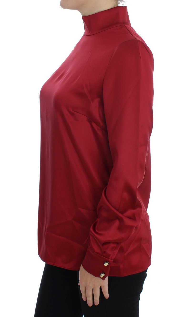 Red Silk Stretch Blouse Turtleneck Top