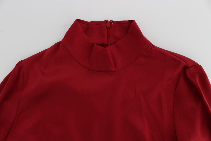 Red Silk Stretch Blouse Turtleneck Top