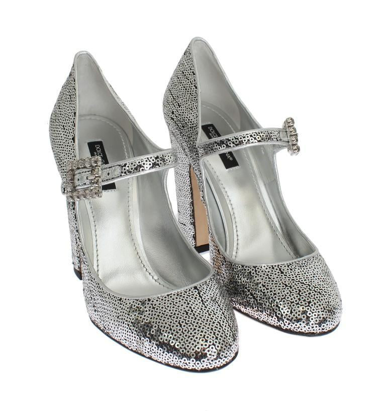 Silver Leather Sequined Mary Janes Shoes
