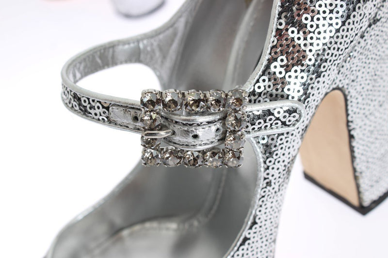 Silver Leather Sequined Mary Janes Shoes