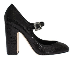 Black Leather Sequined Mary Janes Shoes