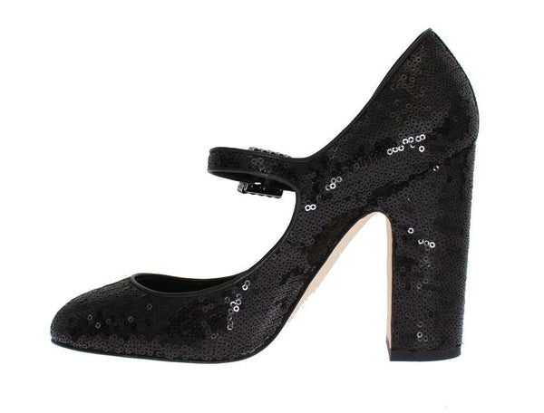 Black Leather Sequined Mary Janes Shoes