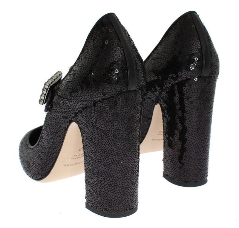 Black Leather Sequined Mary Janes Shoes
