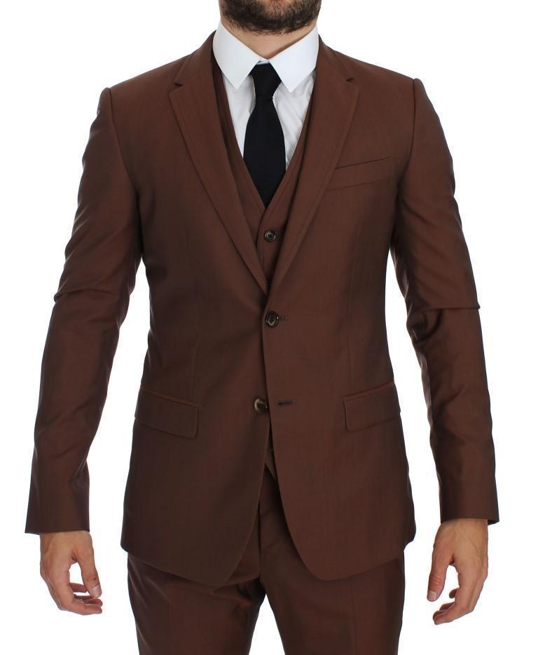 Brown Silk Wool 3 Piece Slim Fit Suit