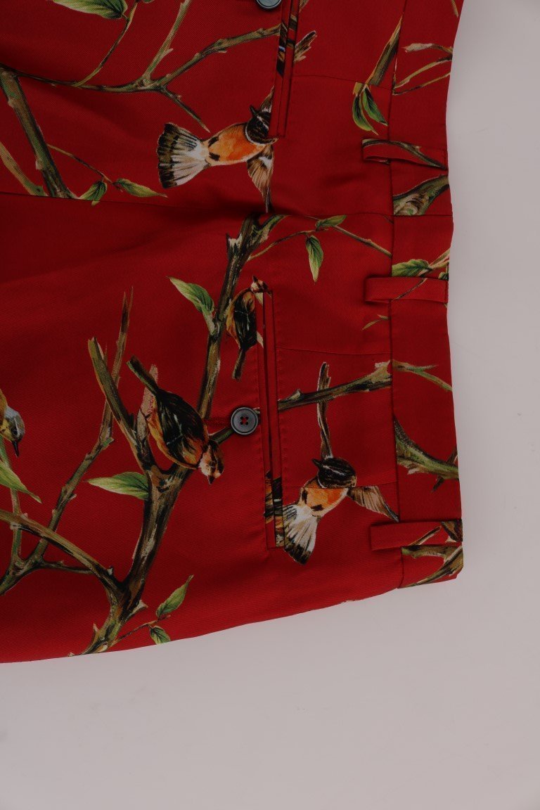 Red Silk Bird Print Dress Pants
