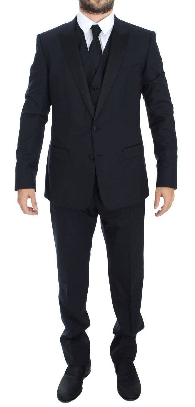 Blue Wool Silk 3 Piece Slim Suit Tuxedo