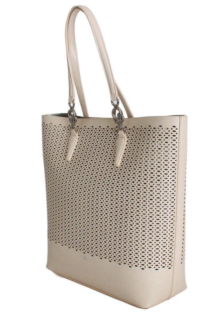 Pink Beige Leather Tote Shopping Bag