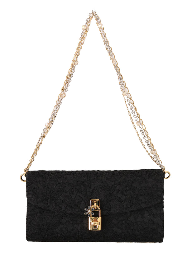 Black Pizzo Taormina Lace Crystal Padlock Clutch Bag