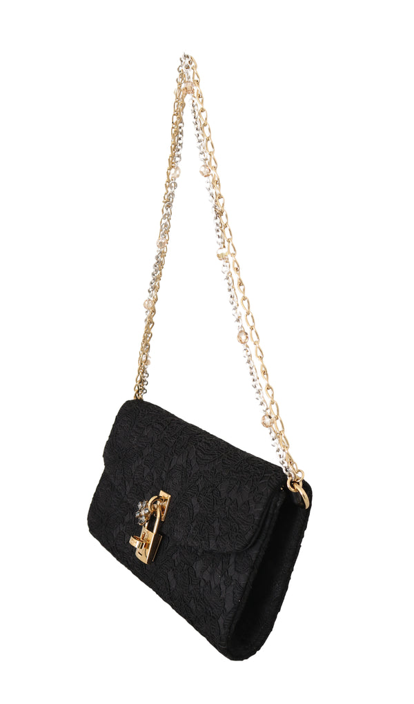 Black Pizzo Taormina Lace Crystal Padlock Clutch Bag