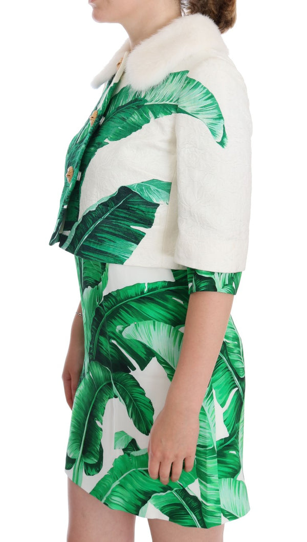 White Brocade Banana Leaf Fur Bolero Jacket