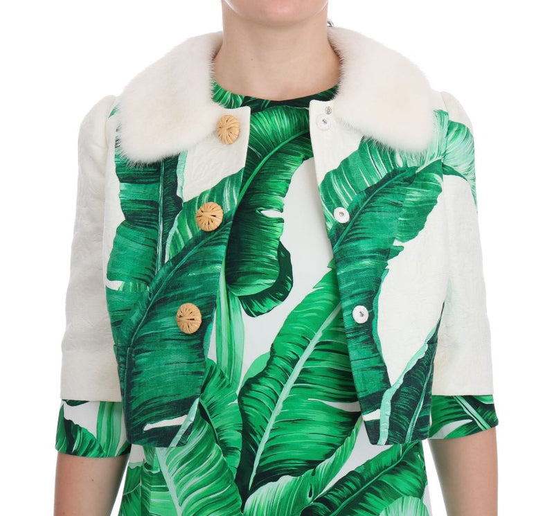 White Brocade Banana Leaf Fur Bolero Jacket