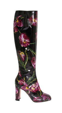 Black Leather Purple Tulip Boots
