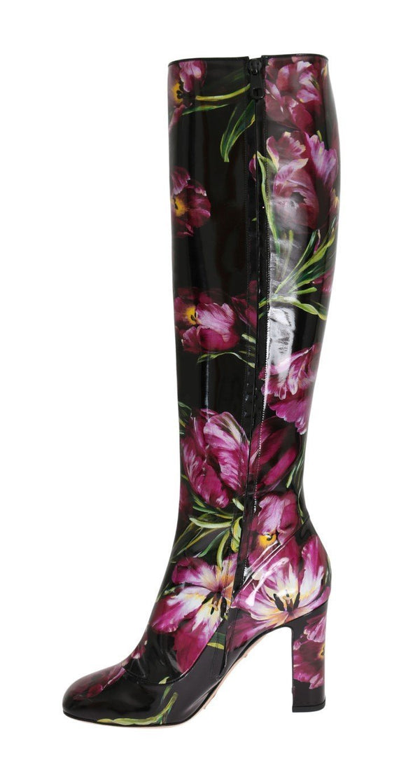 Black Leather Purple Tulip Boots