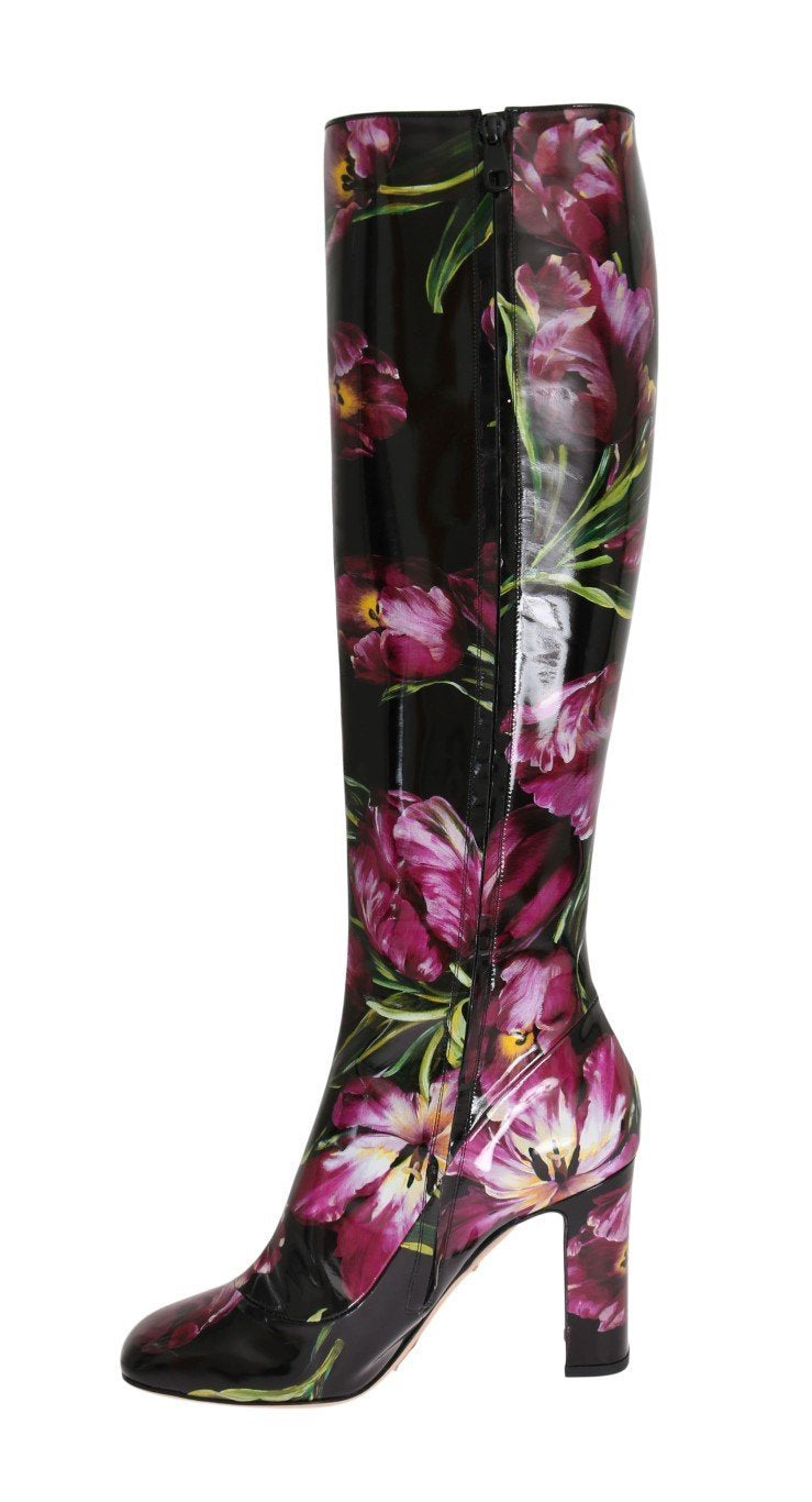 Black Leather Purple Tulip Boots