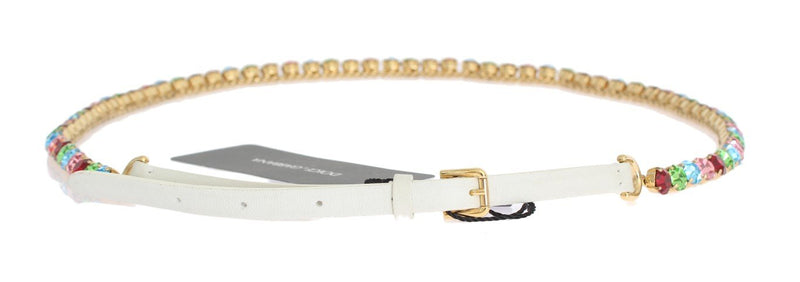 White Leather Crystal Gold Belt