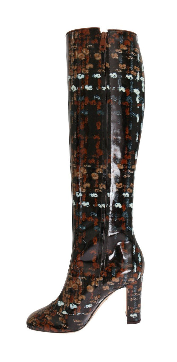 Black Leather Brown Knit Print Boots