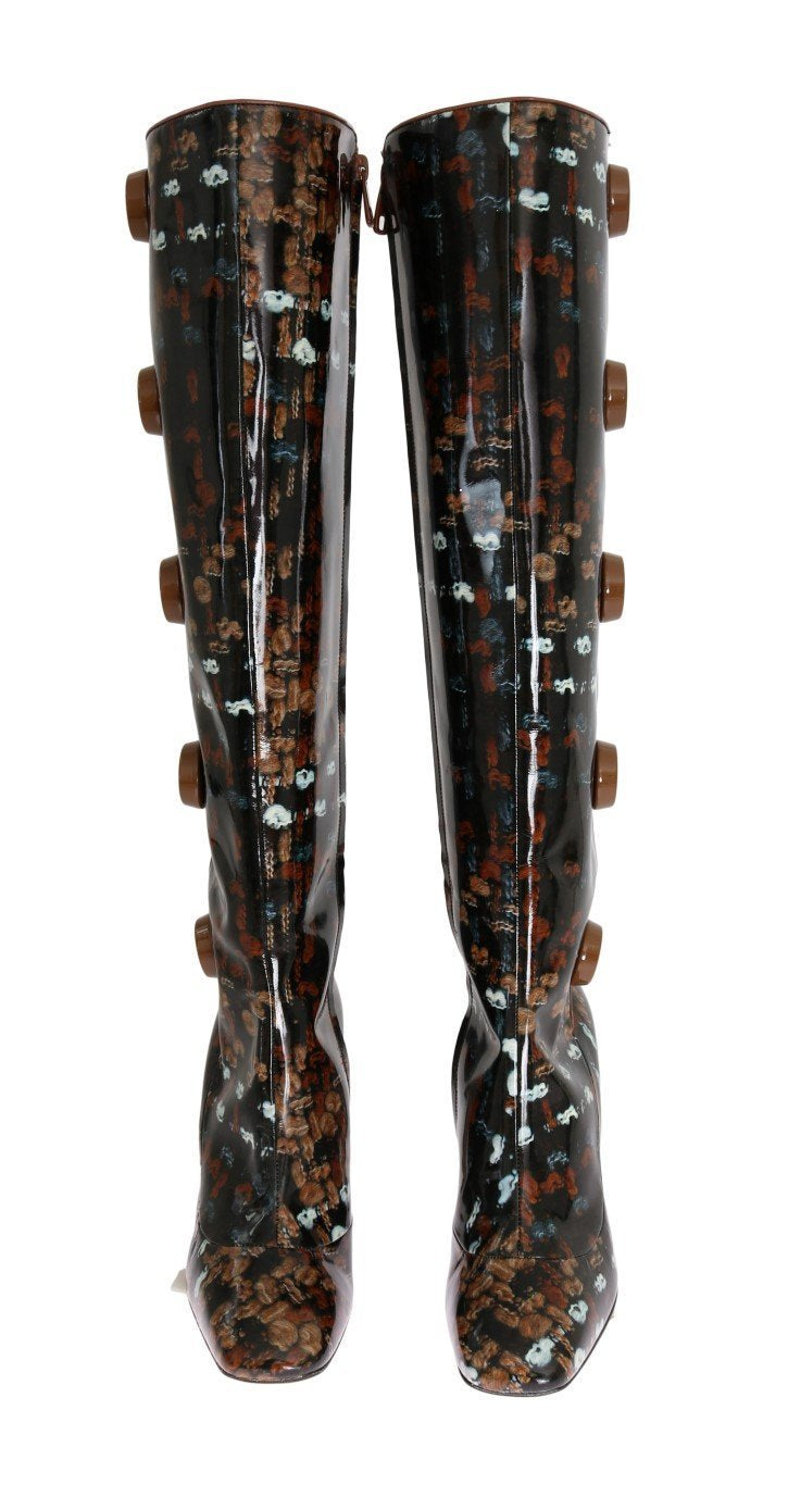Black Leather Brown Knit Print Boots