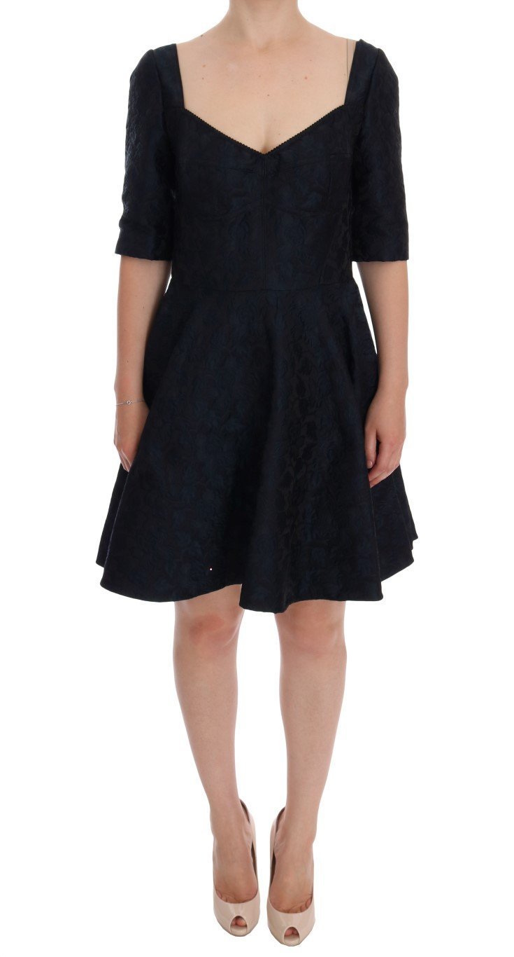 Black Blue Brocade Stretch Shift Dress