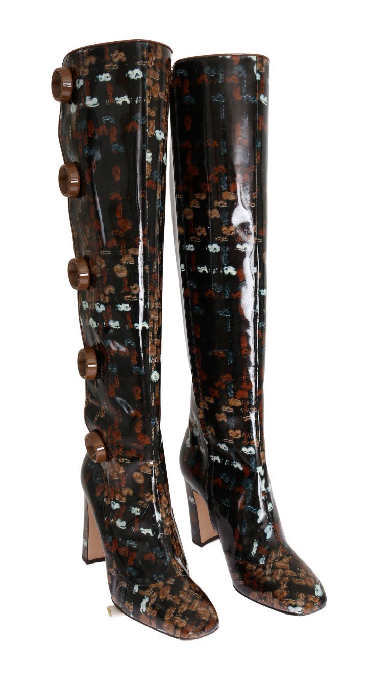 Black Leather Brown Knit Print Boots