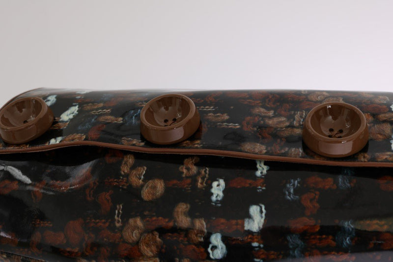 Black Leather Brown Knit Print Boots