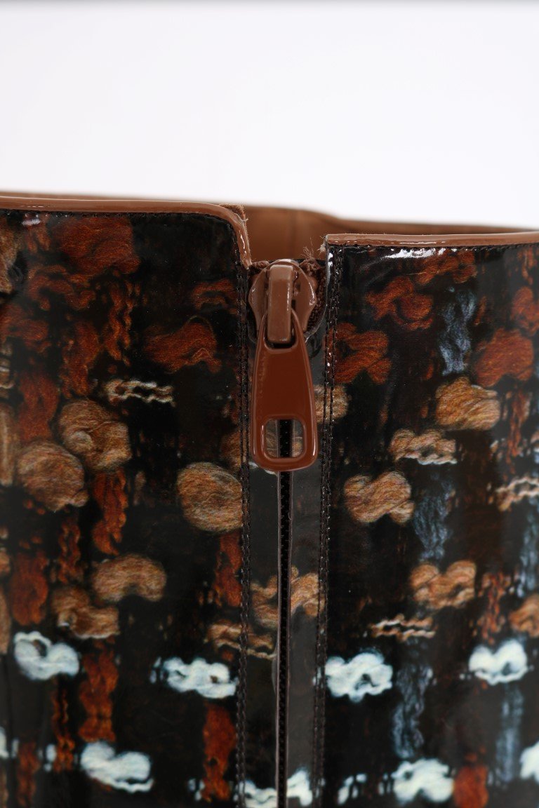 Black Leather Brown Knit Print Boots