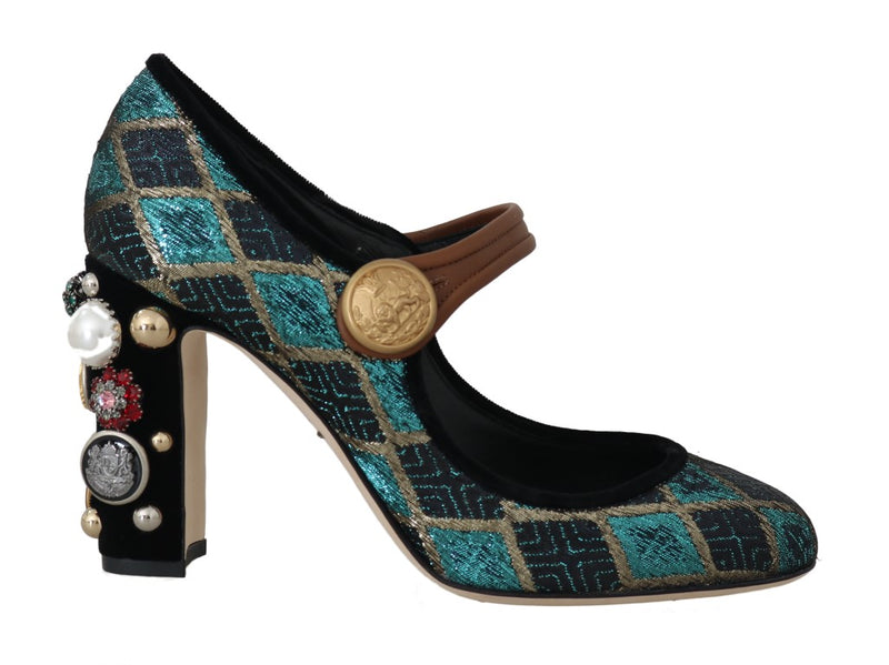 Turquoise Jacquard Crystal Mary Jane Shoes