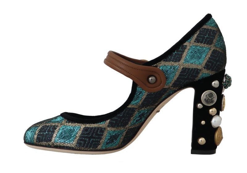 Turquoise Jacquard Crystal Mary Jane Shoes
