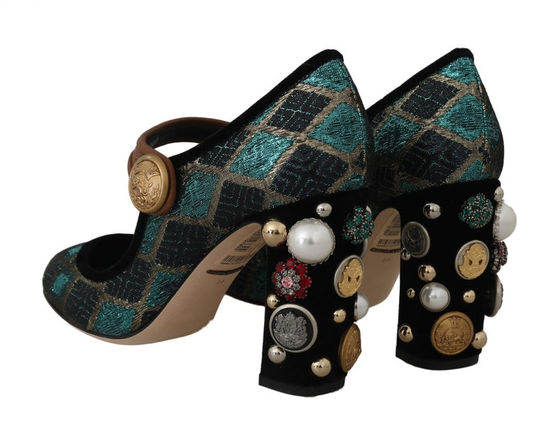 Turquoise Jacquard Crystal Mary Jane Shoes