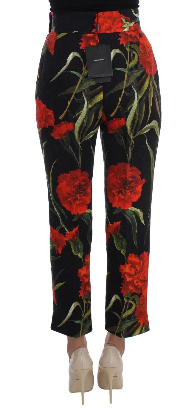 Roses Print High Waist Brocade Pants