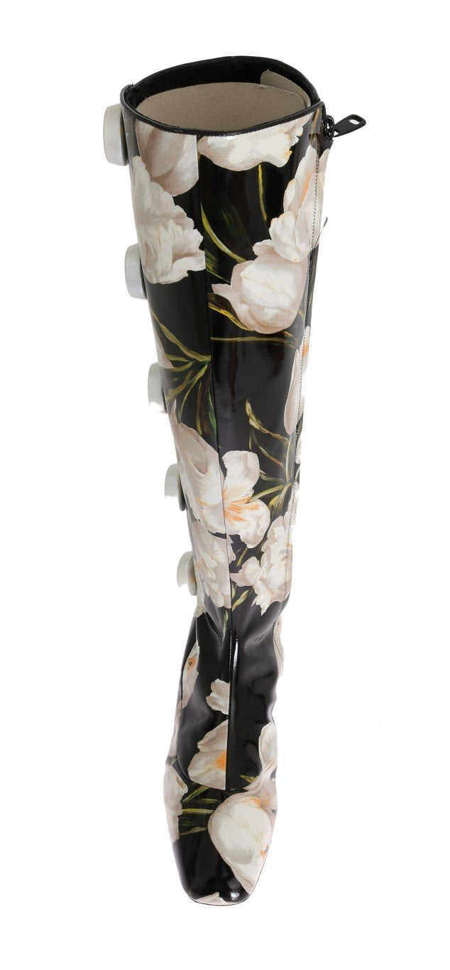 Black Leather White Tulip Print Boots