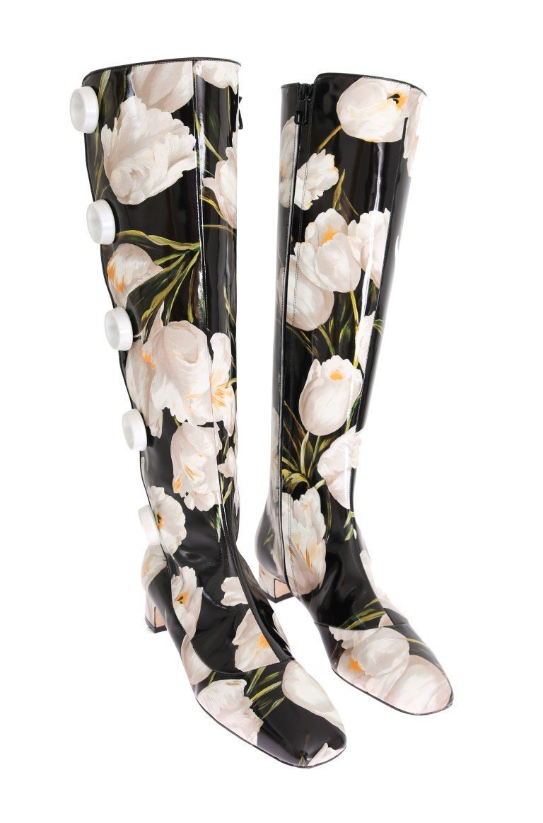 Black Leather White Tulip Print Boots