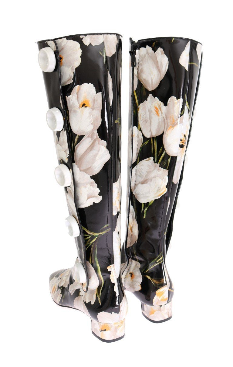 Black Leather White Tulip Print Boots