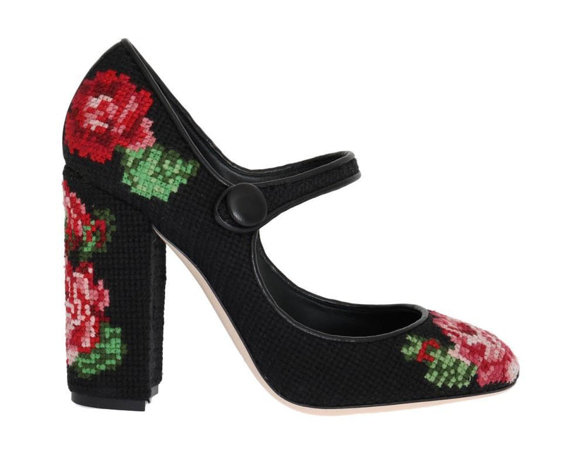 Black Floral Leather Hand Stitched Mary Janes Pumps Shoes