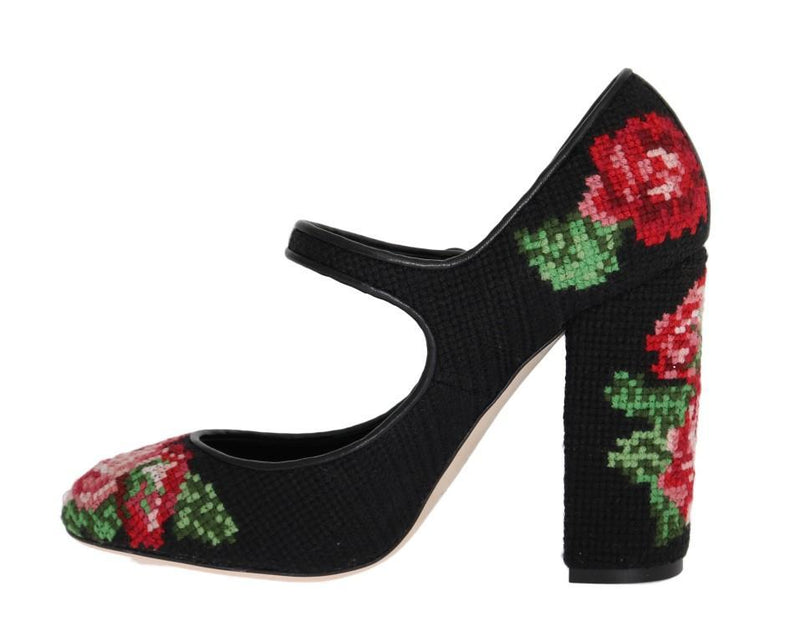 Black Floral Leather Hand Stitched Mary Janes Pumps Shoes