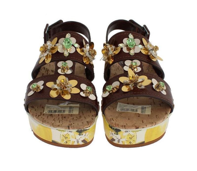 Brown Leather Lemon Crystal Sandals