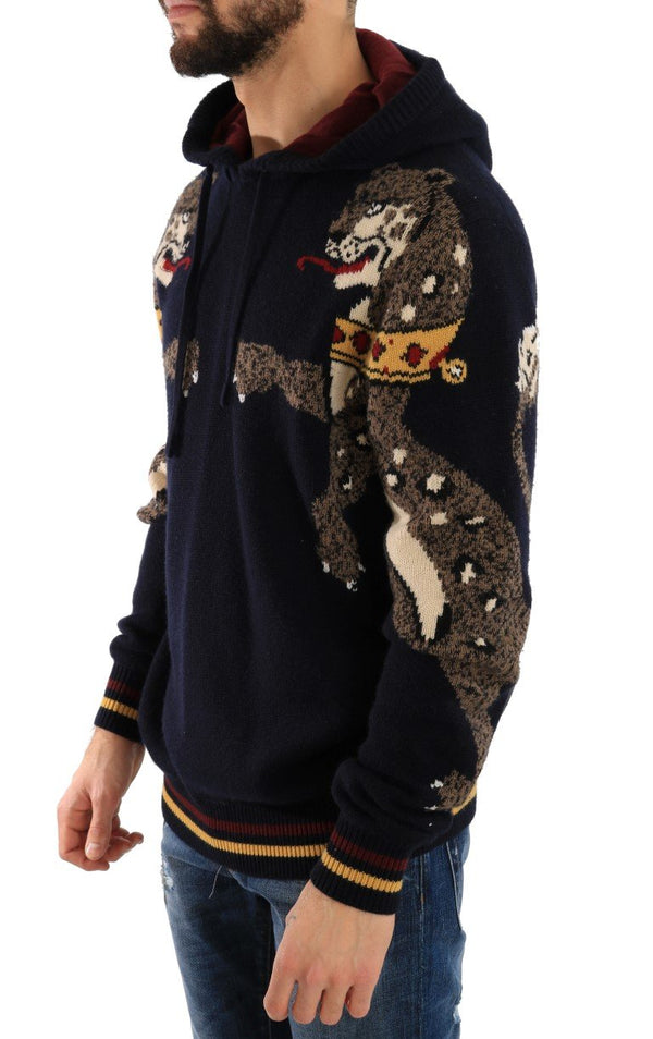 Blue Knitted Wool Hooded Sweater