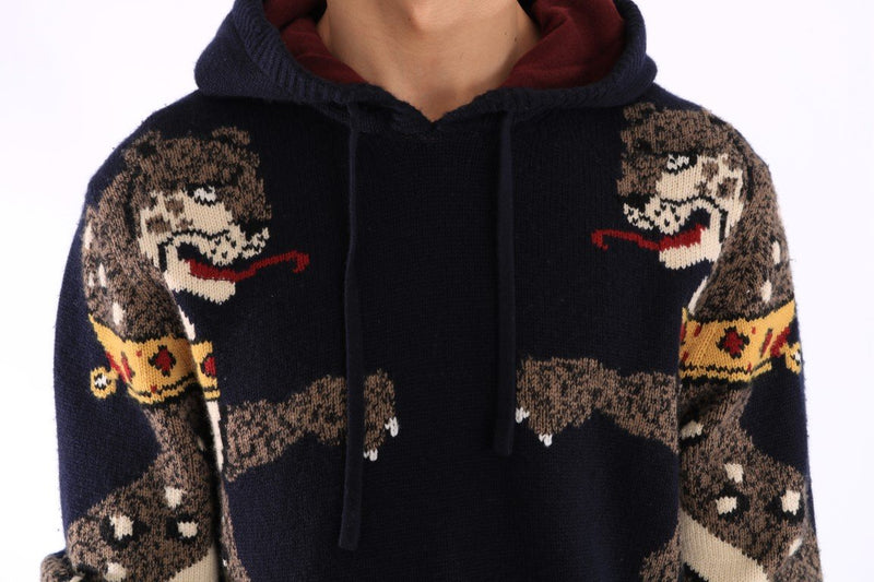 Blue Knitted Wool Hooded Sweater