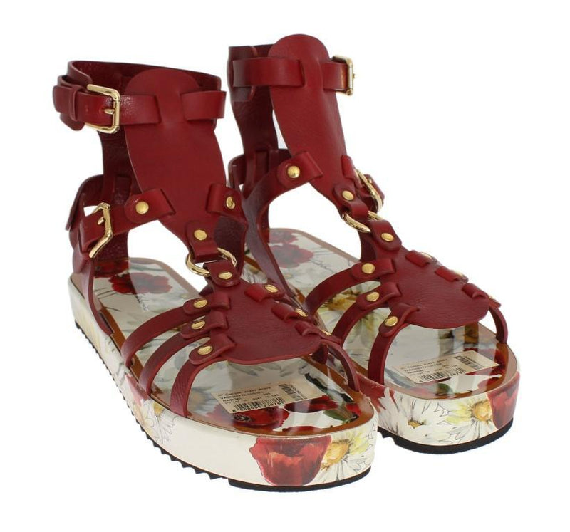 Red Leather Gladiator Flat Sandals