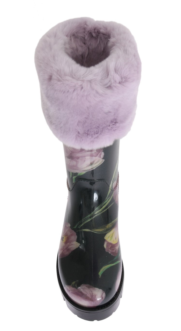Purple Fur Tulip Print Rubber Boots