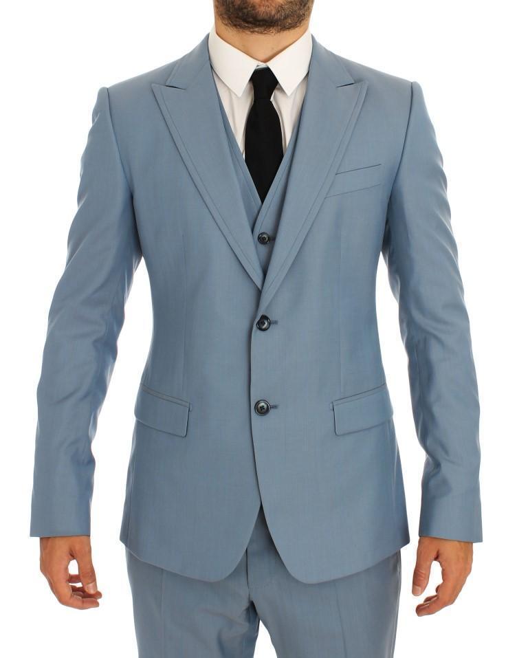 Blue Wool Silk Slim Fit 3 Piece Suit