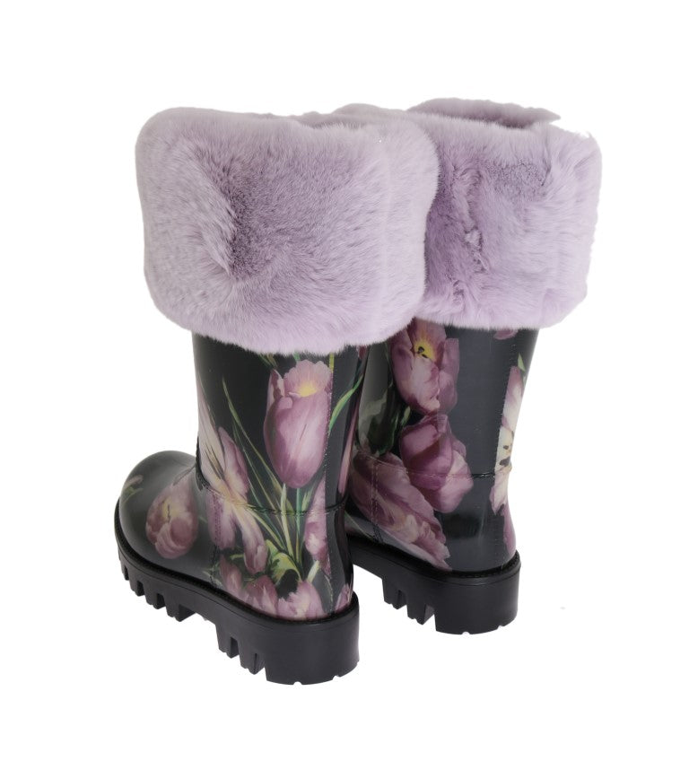 Purple Fur Tulip Print Rubber Boots