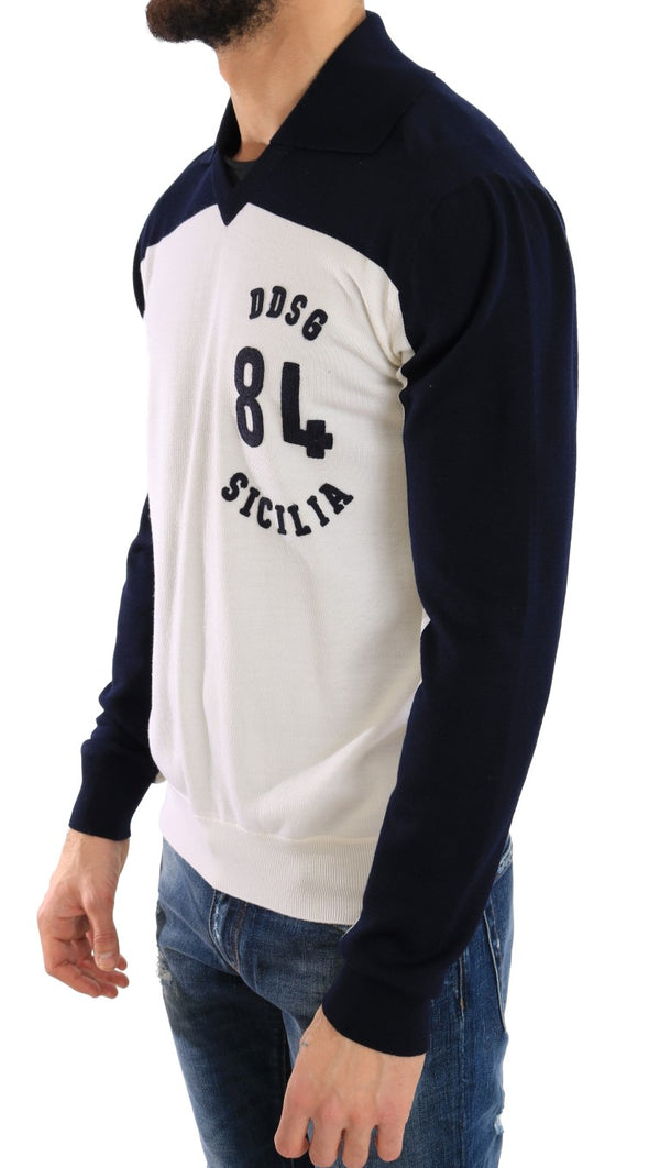 Blue White Wool Crewneck Pullover Sweater
