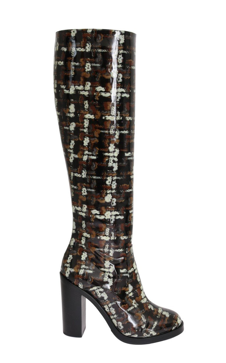 Black Leather Brown Knit Print Boots