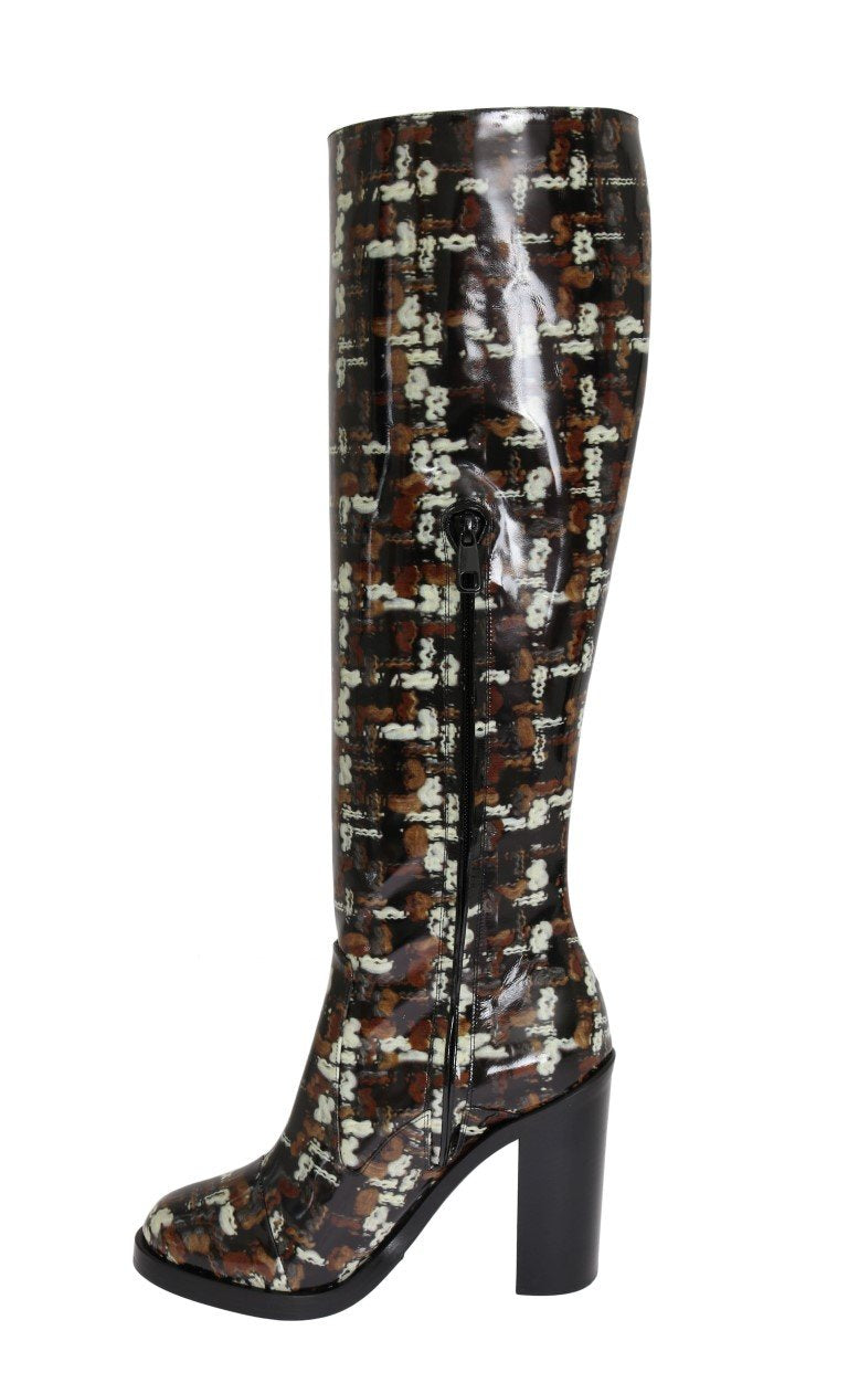 Black Leather Brown Knit Print Boots